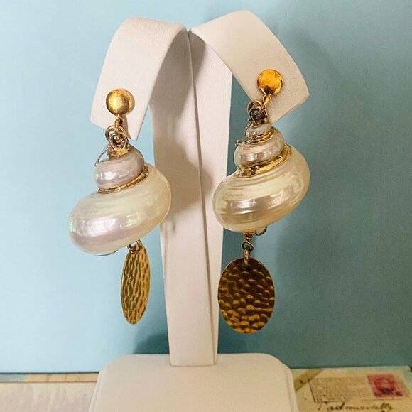 💜 Sesto Continente Made in Italy Shell Earrings 925 Gold Plated Sterling Silver - Picture 2 of 6